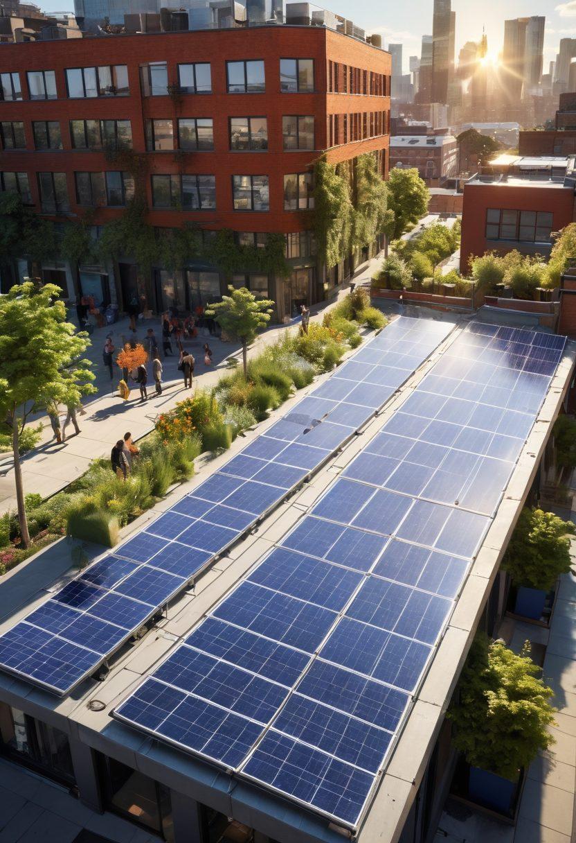 A vibrant solar panel installation on a sunny rooftop, surrounded by diverse community members enthusiastically sharing ideas and knowledge. Bright blue skies and sun rays radiant over the scene, symbolizing hope and innovation for a sustainable future. Include lush greenery and a city skyline in the background to show urban integration. super-realistic. vibrant colors. 3D.