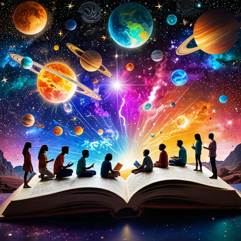 An open book glowing with sunlight, surrounded by planets and stars, symbolizing knowledge and discussion. Include diverse individuals engaging in conversation with holographic text above their heads. The scene should evoke a sense of exploration and sharing ideas across the solar sphere. vibrant colors. cosmic background. digital art.