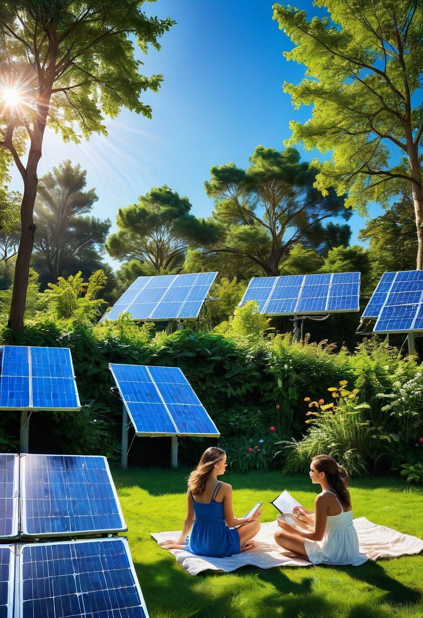 A warm, radiant sun illuminating a diverse group of people variously engaging with solar panels, reading articles, and sharing stories in a picturesque outdoor setting. Include lush greenery surrounding them, symbolic solar icons, and a glowing light effect to represent energy and inspiration. The sky is clear blue, and a few fluffy clouds drift by, enhancing the joyful atmosphere. super-realistic. vibrant colors. natural setting.